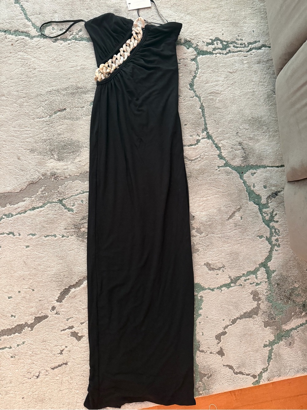 JLUXLABEL Black One-Shoulder Maxi Dress with Gold Chain